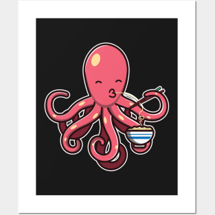 Cute Octopus Eating Ramen Noodle Kawaii Octopus for kids print Posters and Art